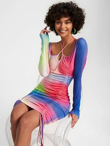 Ombre Drawstring Front Bodycon Dress