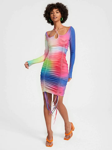 Ombre Drawstring Front Bodycon Dress