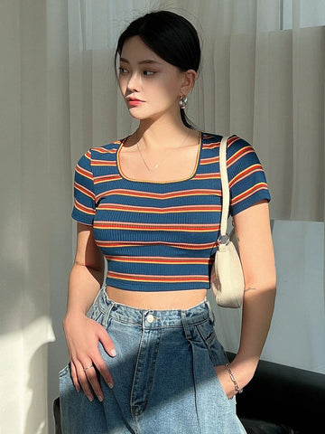 DAZY Striped Scoop Neck Crop Tee