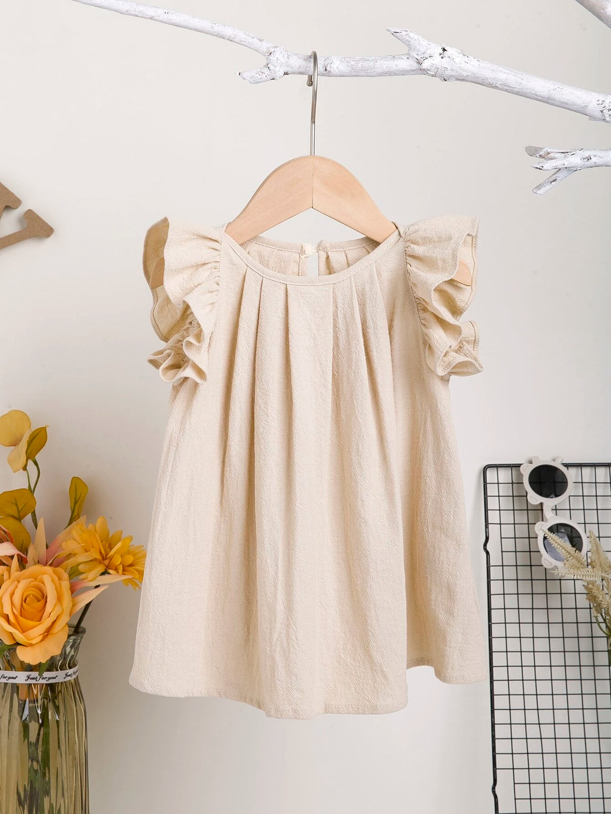 Baby Ruffle Trim Plicated Keyhole Back Dress