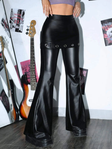 ROMWE PUNK Grommet Eyelet PU Leather Flare Leg Pants