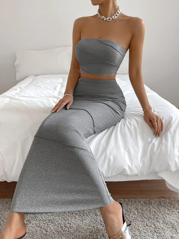 SXY Solid Crop Tube Top & Pencil Skirt