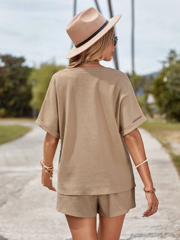 EMERY ROSE Solid Dolman Sleeve Tee & Knot Front Shorts