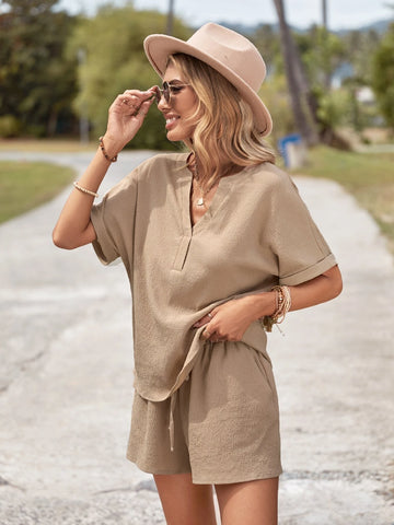 EMERY ROSE Solid Dolman Sleeve Tee & Knot Front Shorts