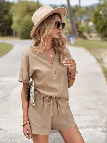 EMERY ROSE Solid Dolman Sleeve Tee & Knot Front Shorts