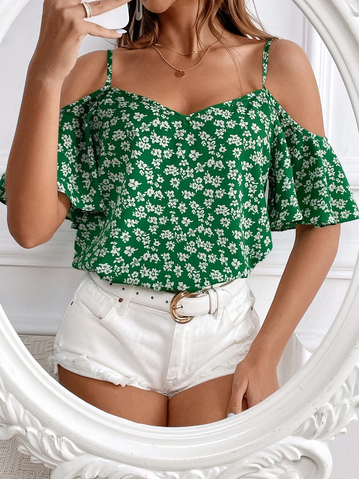 Frenchy Ditsy Floral Cold Shoulder Blouse