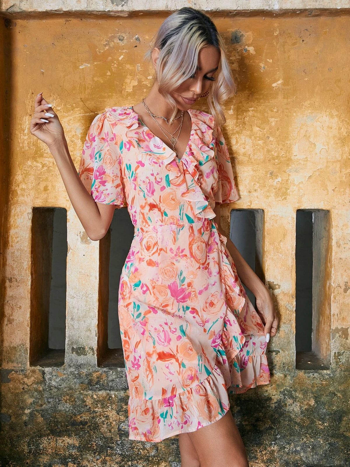 Floral Print Flounce Neck Ruffle Trim Dress