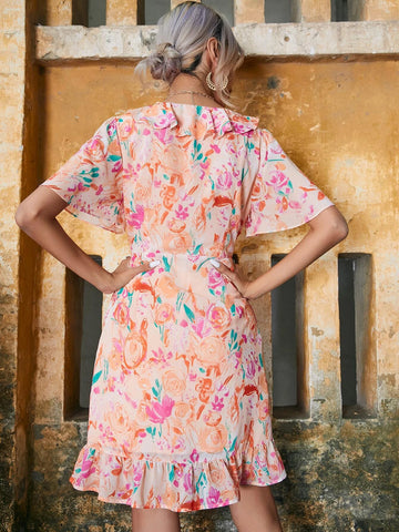 Floral Print Flounce Neck Ruffle Trim Dress