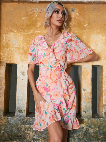 Floral Print Flounce Neck Ruffle Trim Dress