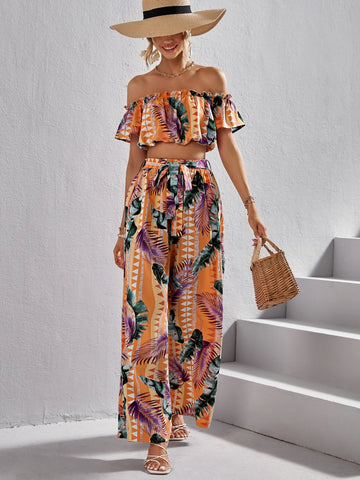 VCAY Tropical Print Off Shoulder Crop Top & Wide Leg Pants