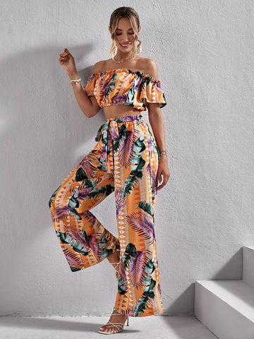 VCAY Tropical Print Off Shoulder Crop Top & Wide Leg Pants