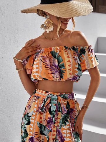 VCAY Tropical Print Off Shoulder Crop Top & Wide Leg Pants