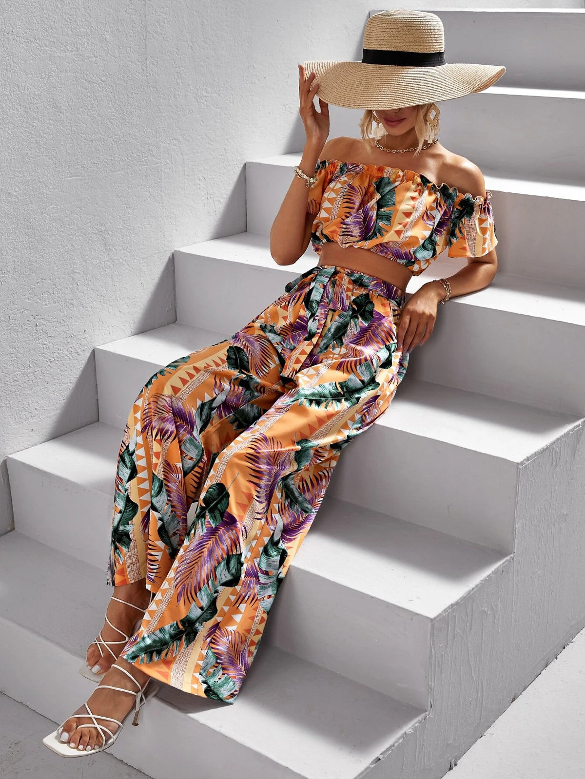 VCAY Tropical Print Off Shoulder Crop Top & Wide Leg Pants