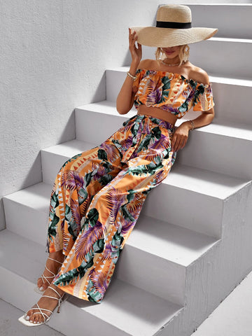VCAY Tropical Print Off Shoulder Crop Top & Wide Leg Pants