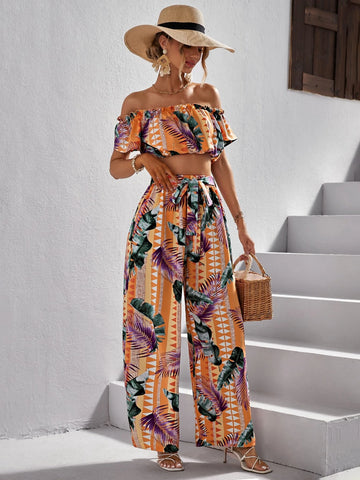 VCAY Tropical Print Off Shoulder Crop Top & Wide Leg Pants