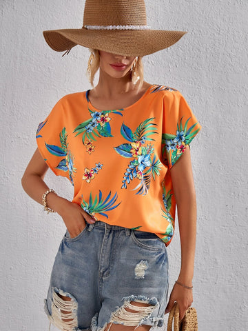 VCAY Tropical Print Batwing Sleeve Blouse