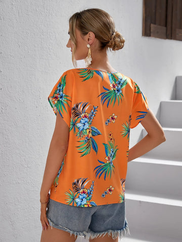 VCAY Tropical Print Batwing Sleeve Blouse