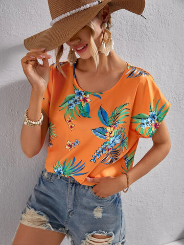 VCAY Tropical Print Batwing Sleeve Blouse