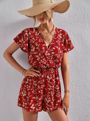 VCAY Ditsy Floral Surplice Neck Butterfly Sleeve Romper