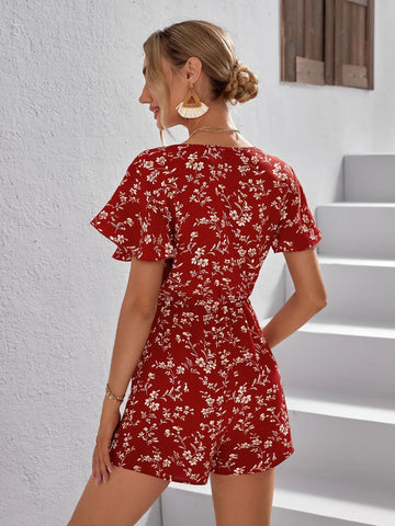 VCAY Ditsy Floral Surplice Neck Butterfly Sleeve Romper
