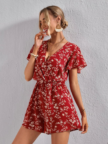 VCAY Ditsy Floral Surplice Neck Butterfly Sleeve Romper