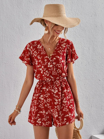 VCAY Ditsy Floral Surplice Neck Butterfly Sleeve Romper