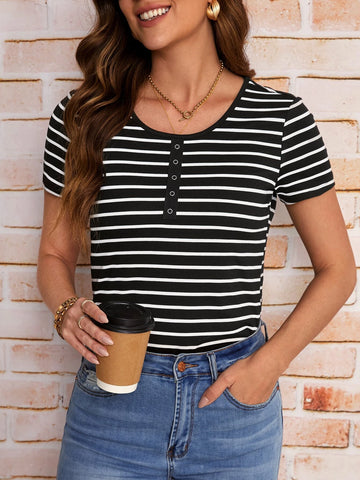 EMERY ROSE Striped Print Half Button Tee