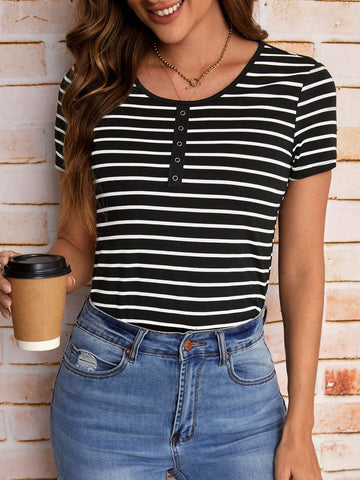 EMERY ROSE Striped Print Half Button Tee