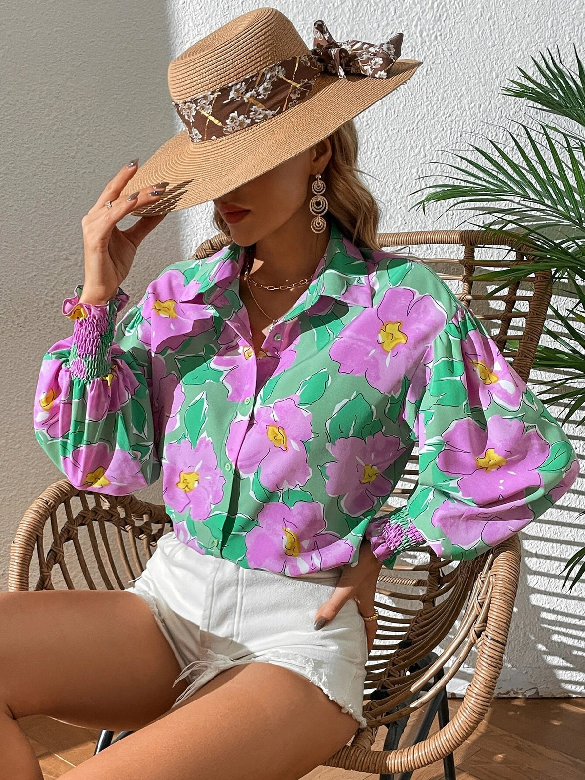 VCAY Floral Print Lantern Sleeve Shirt