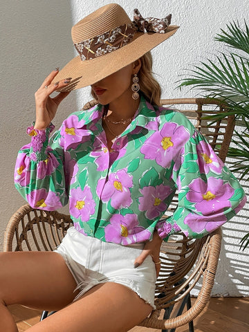 VCAY Floral Print Lantern Sleeve Shirt