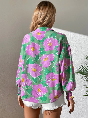 VCAY Floral Print Lantern Sleeve Shirt