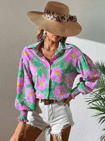 VCAY Floral Print Lantern Sleeve Shirt
