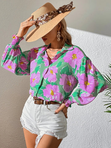 VCAY Floral Print Lantern Sleeve Shirt
