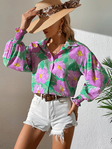 VCAY Floral Print Lantern Sleeve Shirt