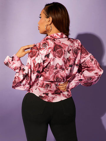 SXY Floral Print Draped Collar Blouse