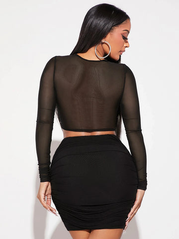 SXY Solid Crop Top & Ruched Bodycon Skirt Set
