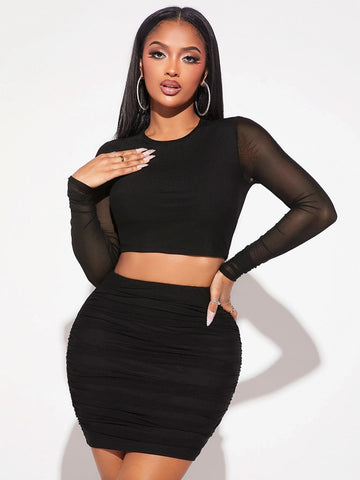 SXY Solid Crop Top & Ruched Bodycon Skirt Set