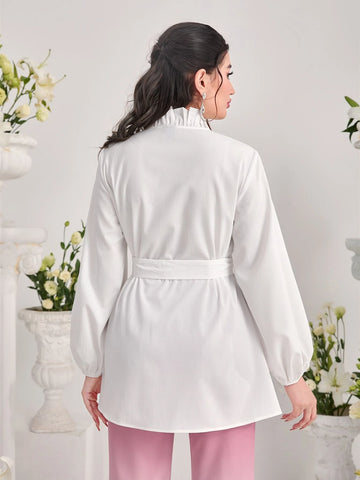 Modely Frill Trim Lantern Sleeve Belted Blouse