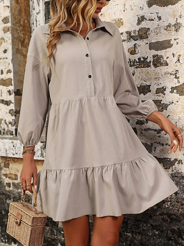 Half Button Drop Shoulder Ruffle Hem Smock Dress