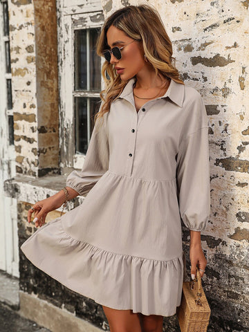 Half Button Drop Shoulder Ruffle Hem Smock Dress