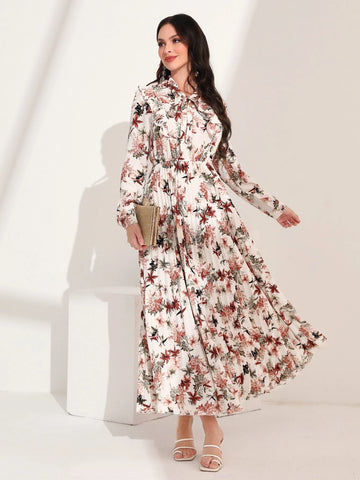 Floral Print Tie Neck Ruffle Trim Dress