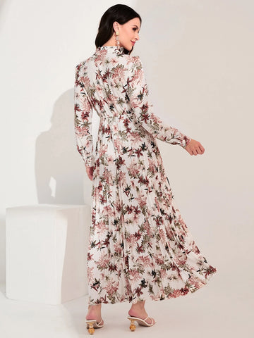 Floral Print Tie Neck Ruffle Trim Dress