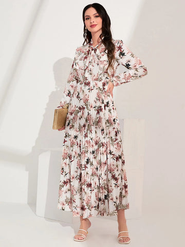 Floral Print Tie Neck Ruffle Trim Dress