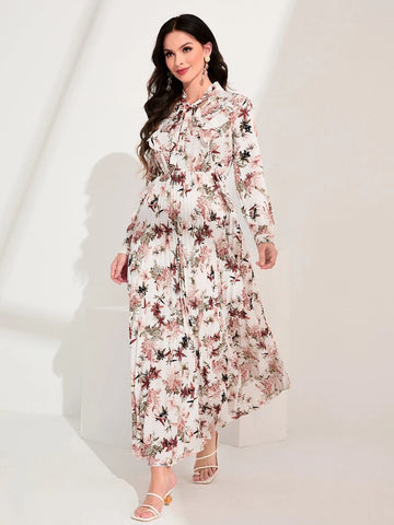 Floral Print Tie Neck Ruffle Trim Dress