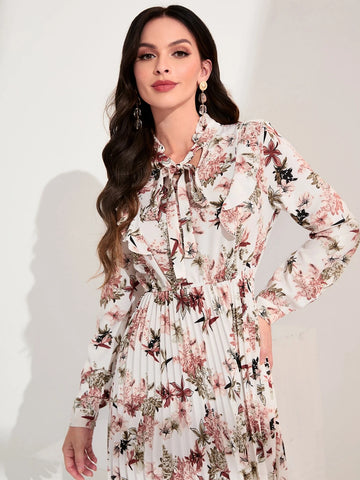 Floral Print Tie Neck Ruffle Trim Dress