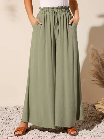 EMERY ROSE Elastic Paperbag Waist Wide Leg Pants