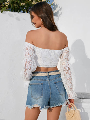 Off Shoulder Flounce Sleeve Crop Lace Blouse