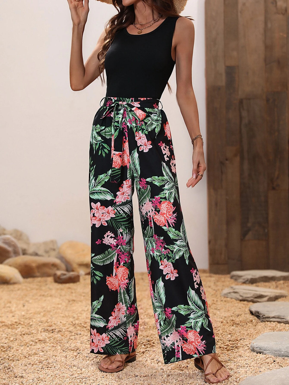 Solid Top & Tropical Print Wide Leg Pants