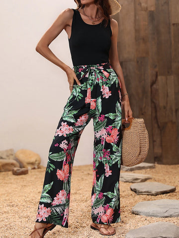 Solid Top & Tropical Print Wide Leg Pants