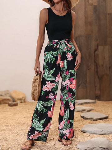 Solid Top & Tropical Print Wide Leg Pants